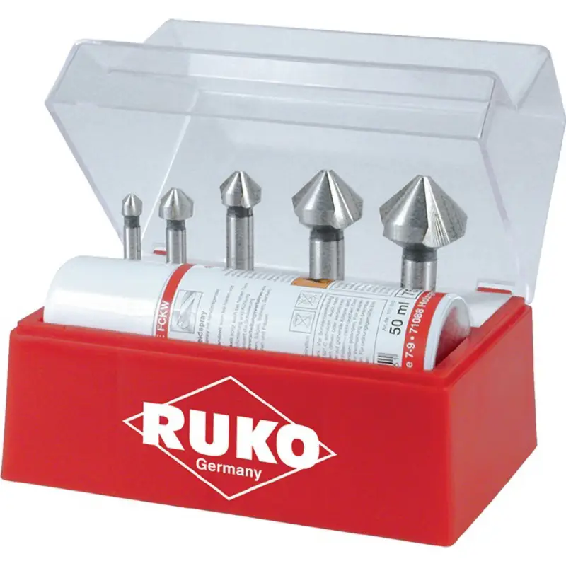 RUKO Kegel- und Entgratsenker-Satz 6tlg. DIN 335 Form C 90° HSSE-Co 5 Ø 6,3 - 25 mm + Schneidpaste 50 ml in Kunststoffkassette - 102142E Ausverkauf