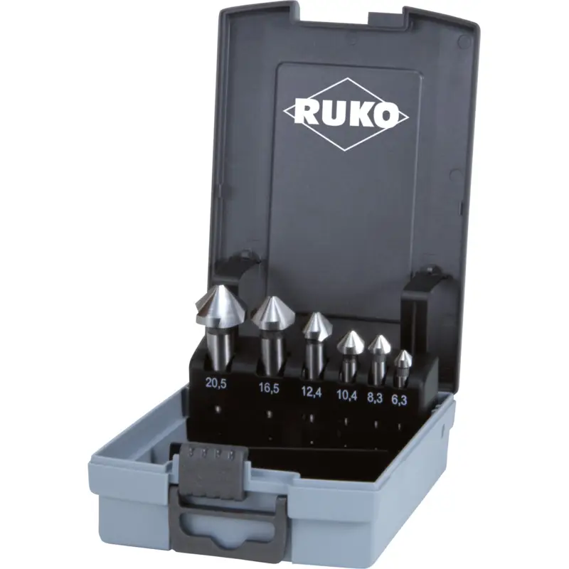 RUKO Kegel- und Entgratsenker-Satz 6tlg. DIN 335 Form C 90° HSSE-Co 5 Ø 6,3 - 20,5 mm in Kunststoffkassette - 102152ERO Preiswert
