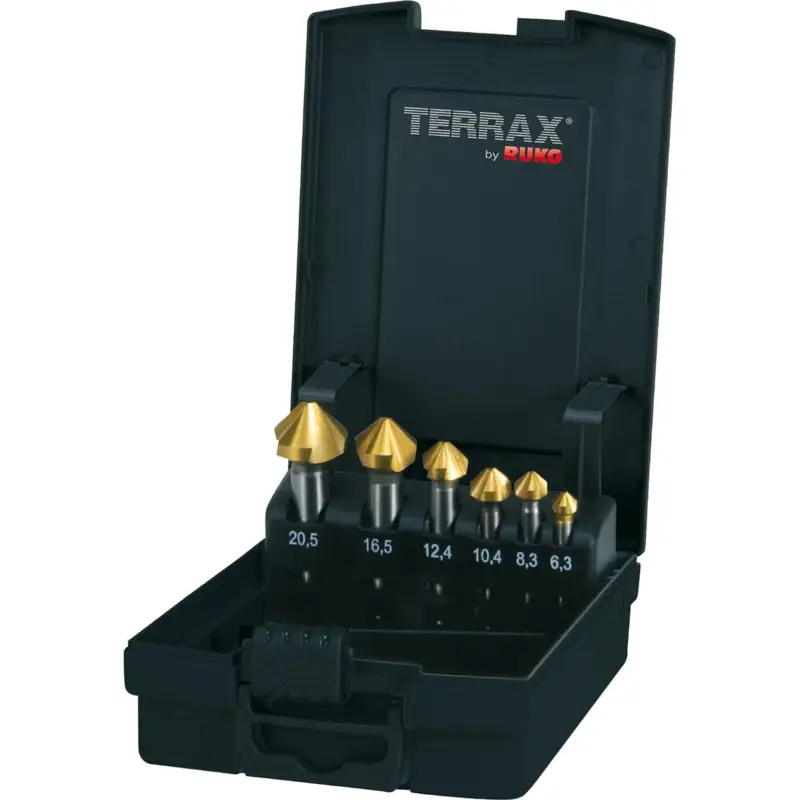 Top-Preis TERRAX by RUKO Kegel- und Entgratsenker-Satz 6tlg. DIN 335 Form C 90° HSS-TiN Ø 6,3 - 20,5 mm in ABS-Kunststoffkassette - A102152TRO