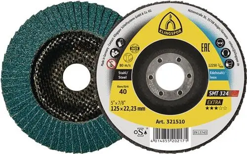 Schnäppchen KLINGSPOR Fächerscheibe SMT 324 Extra Ø 125 mm Körnung 60 12° konisch INOX Zirkonkorund - 321512