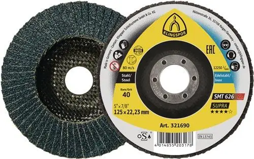 KLINGSPOR Fächerscheibe SMT 626 Supra Ø 115 mm Körnung 120 6° konisch INOX Zirkonkorund - 321683 Neue Ware
