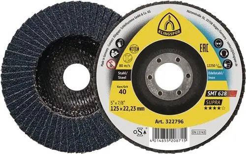 Jetzt Bestellen KLINGSPOR Fächerscheibe SMT 628 Supra Ø 115 mm Körnung 80 flach INOX Zirkonkorund - 322793
